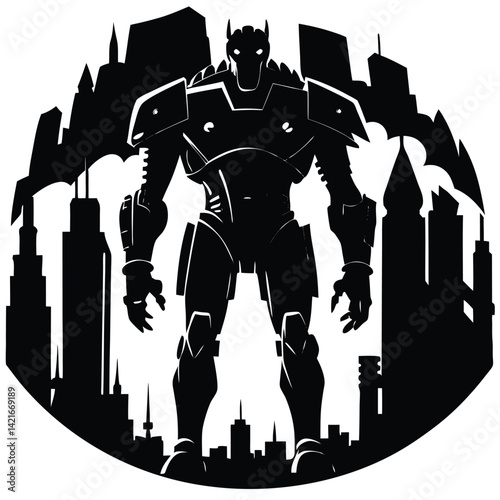 Silhouette Art of Batman Robot in Gotham City: Dark Knight Mech Vector Illustration, Superhero Art, Comic Book Style, Black and White Design
