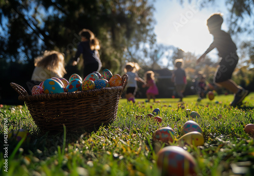 Children celebrating easter egg hunt in sunlit park with decorated baskets