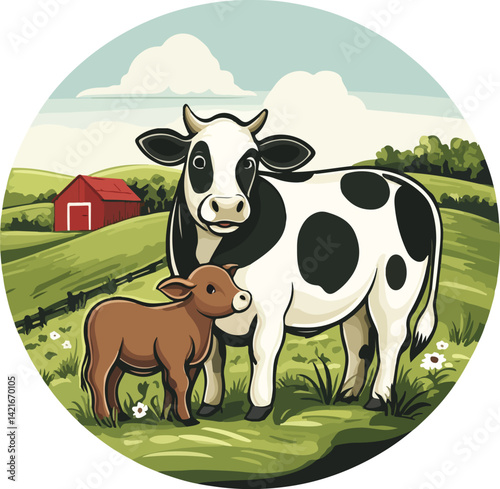 Mother Cow and Calf on Farm Hill