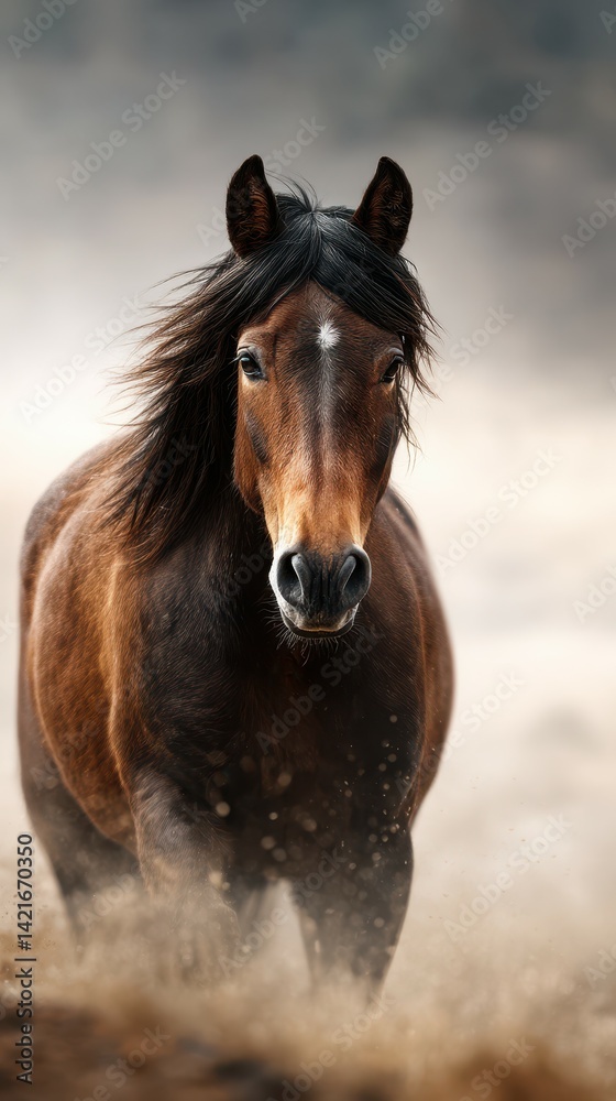 Obraz premium Majestic brown horse galloping through dusty landscape on a foggy morning