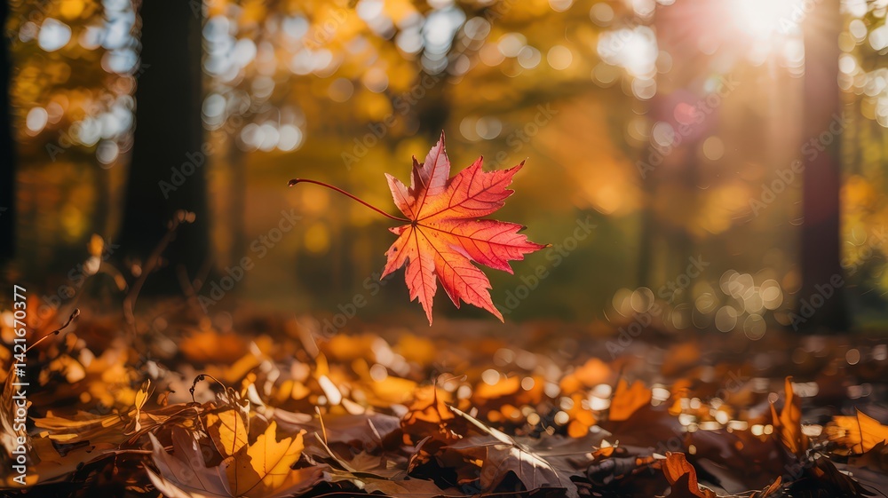 Vibrant Maple Leaf Floating Amidst Autumn Foliage in a Serene Forest Setting Vibrant Maple Leaf Floating Amidst Autumn Foliage in a Serene Forest Setting