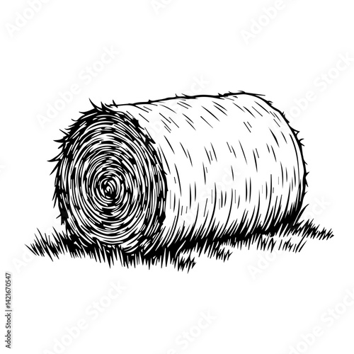 Rolled hay bale in a rustic style on grassy ground  