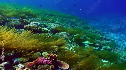 Vibrant Underwater Scene Golden Seaweed and Colorful Coral Reef
