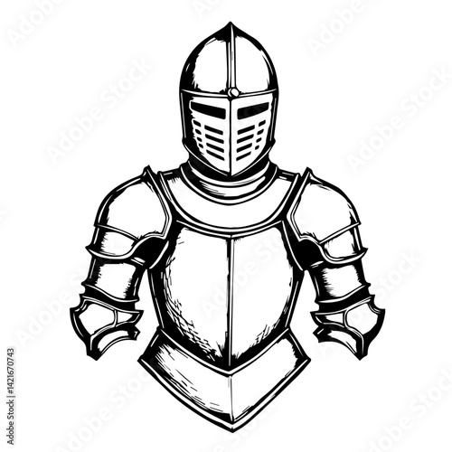 Medieval knight armor illustration in black and white style  