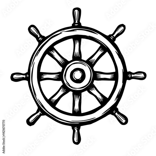 Ship's wheel sketch in black and white style for nautical themes  