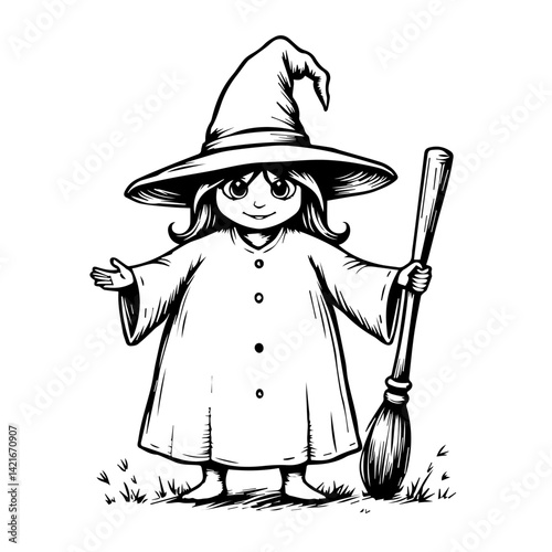 Young witch with a broomstick smiling in a playful setting 