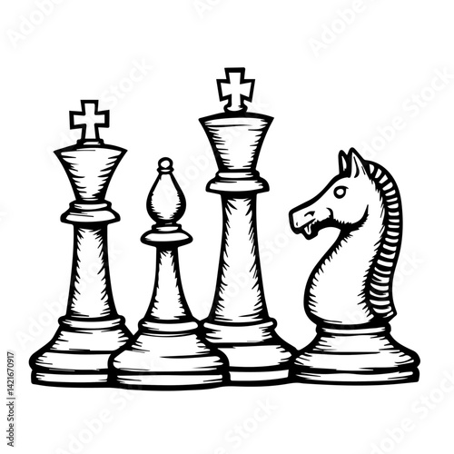 Chess pieces illustration in black and white for strategy games  