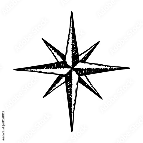 Vintage compass star illustration in black representing navigation  