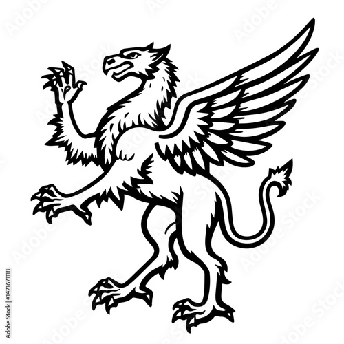 Mythical griffin creature illustration in black and white style  