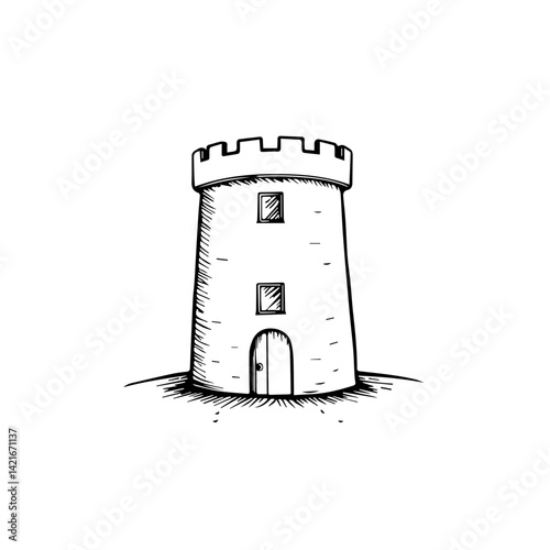 Hand-drawn illustration of a medieval tower  