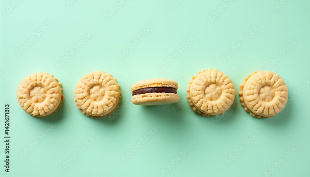 A row of four cookies lined up in a row on a green surface. A row of four cookies lined up in a row on a green surface.