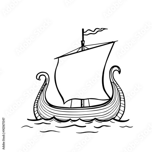 Viking ship illustration with sails on the water  