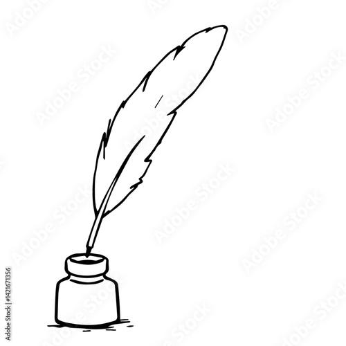 Vintage ink bottle with quill pen isolated on white background  