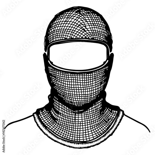 Knight in chainmail displaying a serious demeanor against a white background  