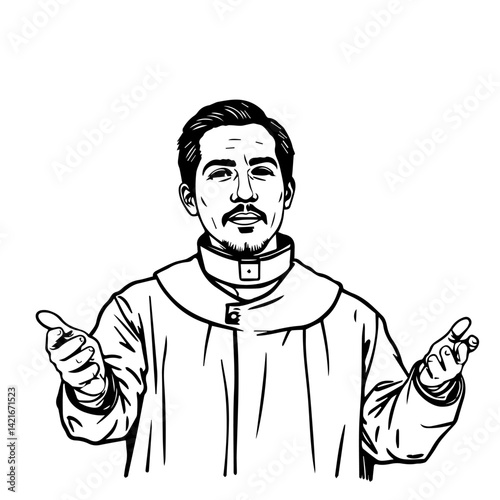 Confident man gesturing welcomingly in a line art style  