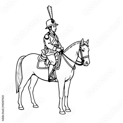 Mounted soldier in uniform standing proudly on horseback  