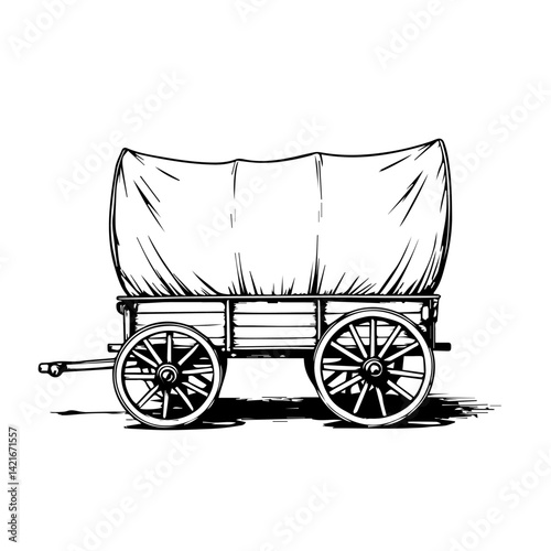 Vintage covered wagon illustration in black and white  