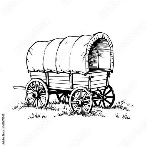 Vintage covered wagon illustration on grassy background  
