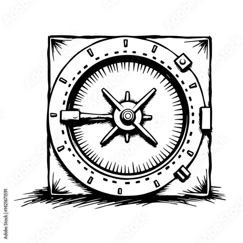 Vintage bank safe illustration in black and white style  