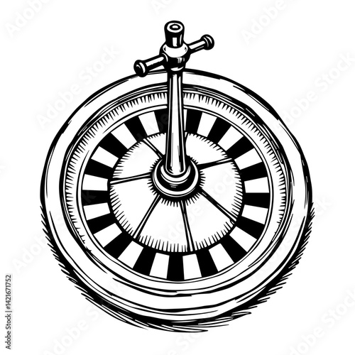 Vintage roulette wheel illustration in black and white design  