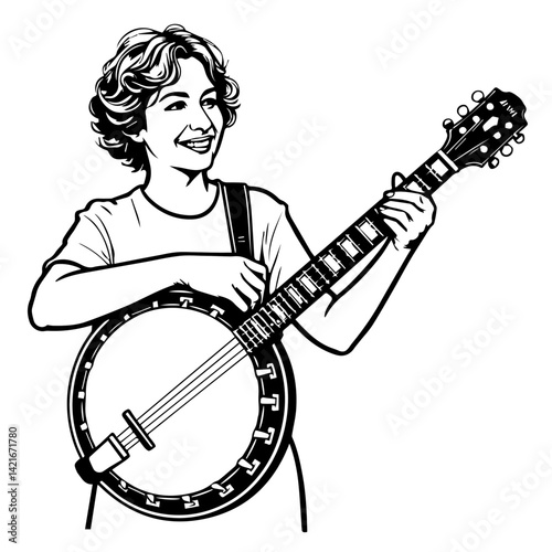 Young boy joyfully playing the banjo in a playful style  