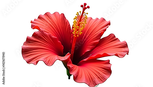 A  vibrant red hibiscus flower with delicately curved, ruffled petals and prominent, golden-yellow stamen, isolated on a pure, snowy white background, in PNG format