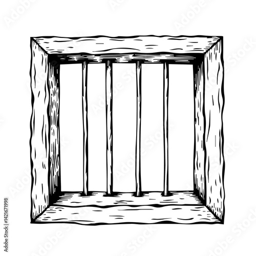 Wooden prison bars illustration in black and white style  