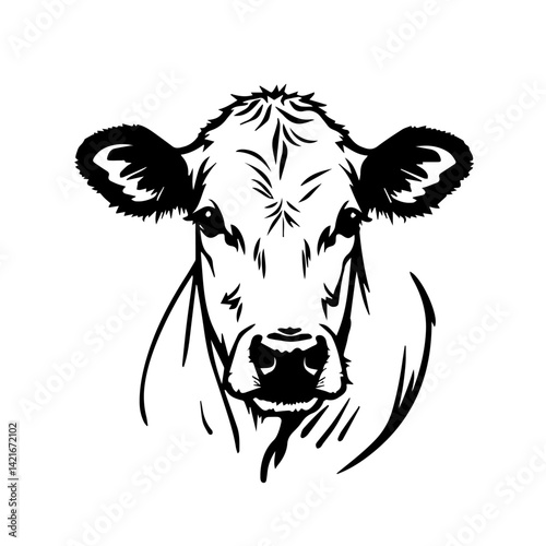 Cow Head Illustration in Black and White Style  