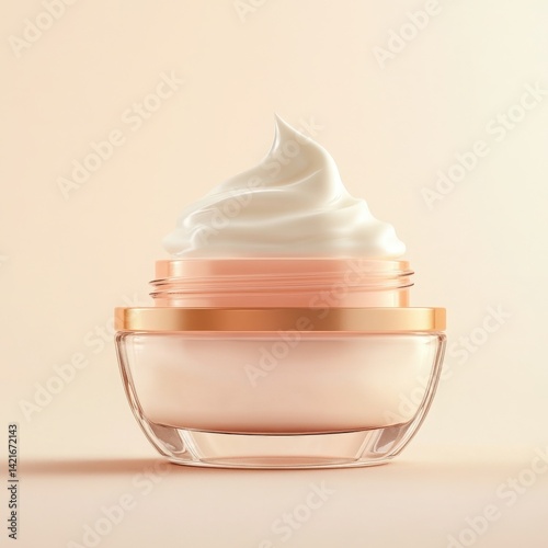 Close up of a jar of cream with a swirl of white cream on top on a table