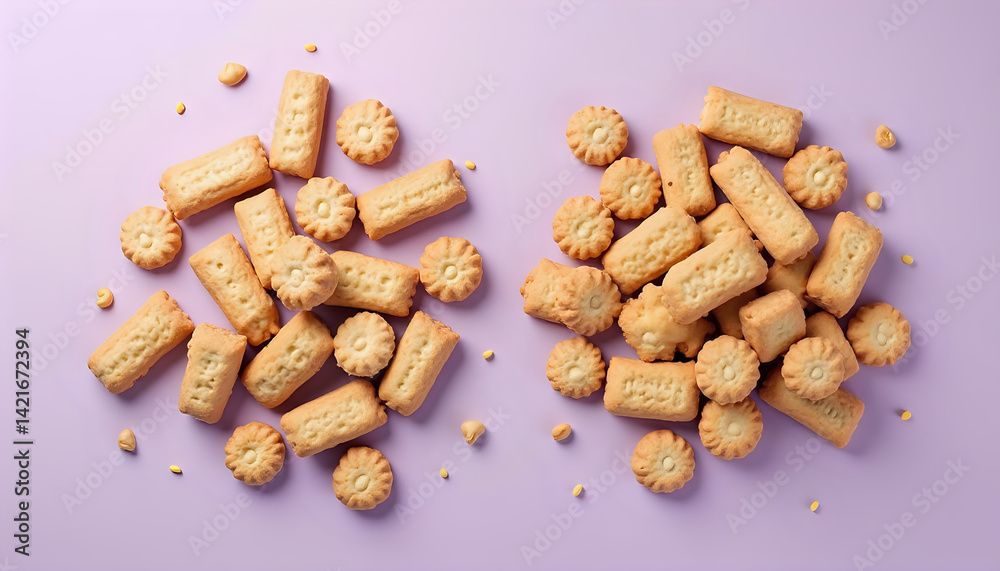 A pile of crackers on a purple surface. A pile of crackers on a purple surface.