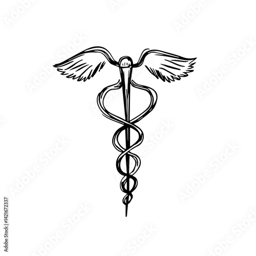 Medical symbol with wings and snake in simple line art  
