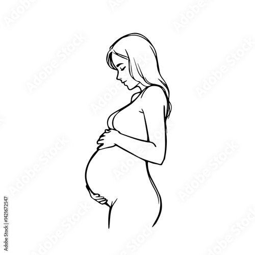 Pregnant woman cradling her belly in a minimalist outline style  