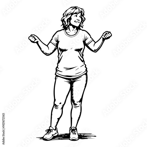 Happy woman celebrating joyfully in a playful sketch style  