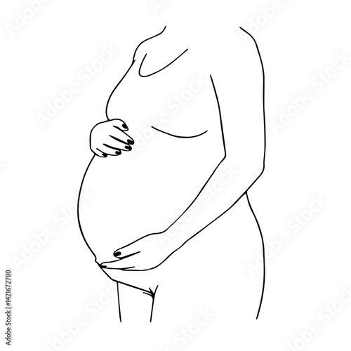 Pregnant woman cradling belly in minimalistic line art  