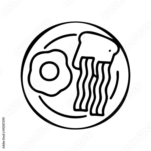 Minimal black and white line drawing of a breakfast plate featuring a fried egg, bacon strips, and toast—perfect for diner menus or food apps.