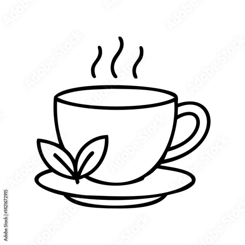Minimal black and white illustration of a steaming tea cup with leaf garnish on a saucer, ideal for wellness, cafe, or organic branding.