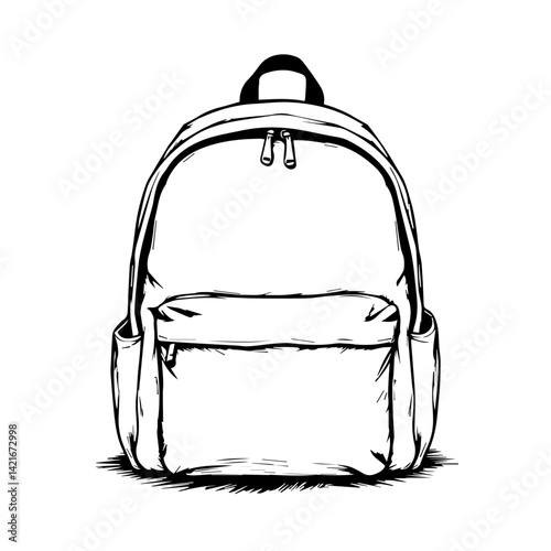 Black and white sketch of a backpack with front pocket  