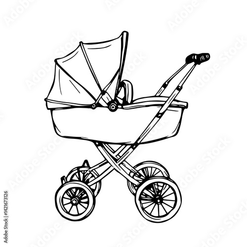 Baby stroller sketch illustration in black and white  