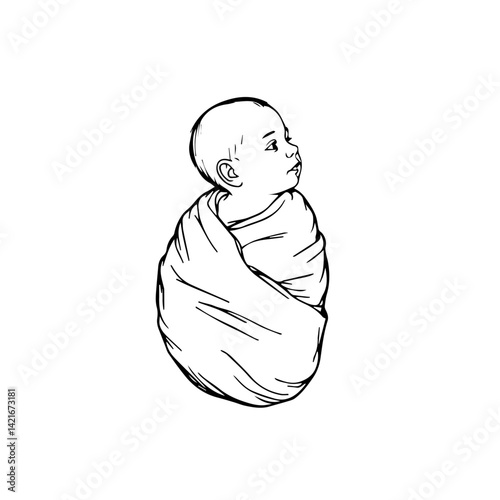 Newborn Baby Wrapped in Blanket with Curious Expression  