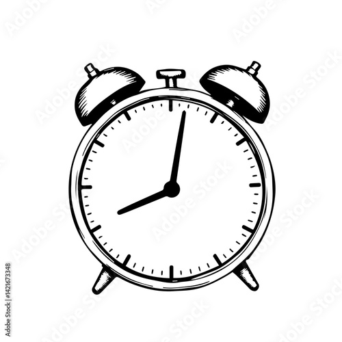 Vintage alarm clock illustration in black and white  