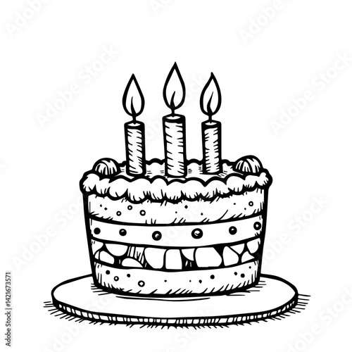 Birthday cake with candles on a plate in a sketch style  