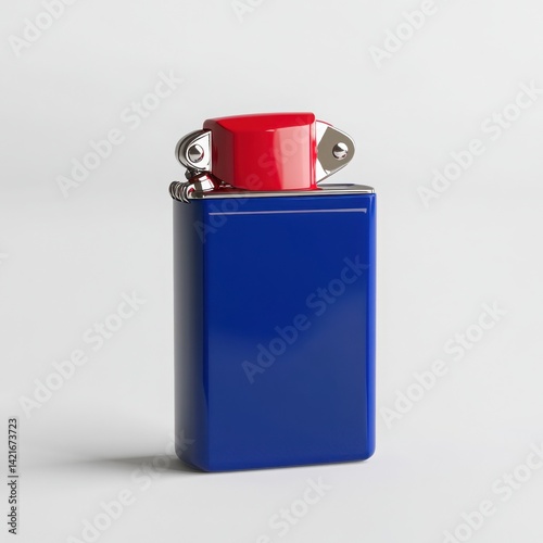 A close up of a blue and red lighter on a white surface in studio lighting