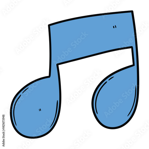 Hand drawn cartoon blue musical note on white background.