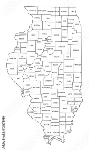 State of Illinois, subdivided into 102 counties, outline map. State in the Midwestern United States, nicknamed Land of Lincoln, Prairie State, and Inland Empire State. Isolated illustration. Vector