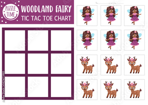 Vector fairyland tic tac toe chart with cute fairy and deer. Woodland princess board game playing field with fantasy character. Funny printable worksheet. Magic forest noughts and crosses grid