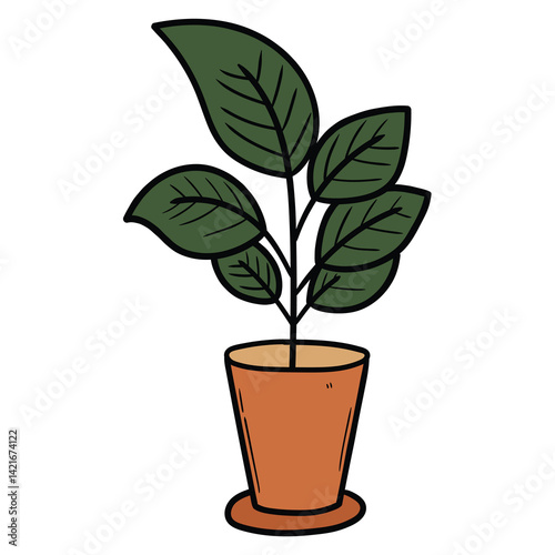 Hand drawn cartoon houseplant in pot on white background.