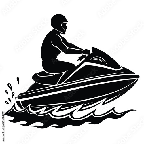 Black and White Jet Ski Silhouette: Person Riding Personal Watercraft, Water Sports Vector Illustration, Graphic Design Element