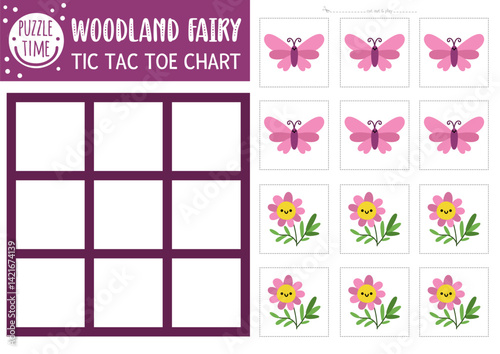 Vector fairyland tic tac toe chart with cute pink butterfly and flower. Woodland or garden board game playing field. Funny printable worksheet. Magic forest noughts and crosses grid