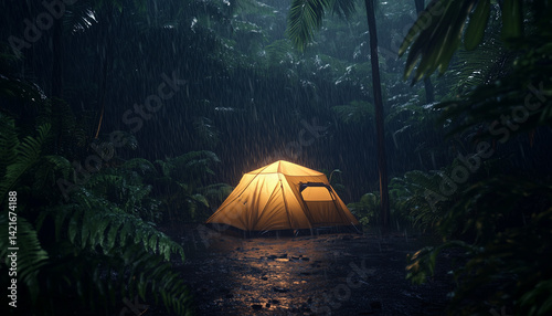 Rain on the tent in the forest, tropic, quiet, calm, peaceful, meditation, camping, night, relax.Generative AI