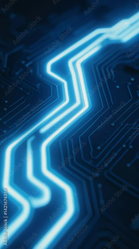 Vibrant electric blue circuit trace charging across dark motherboard